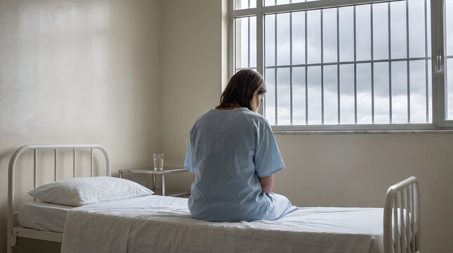 Unhappy hopeless person sitting on hospital bed looking at barred window representing rehabilitation panic anxiety