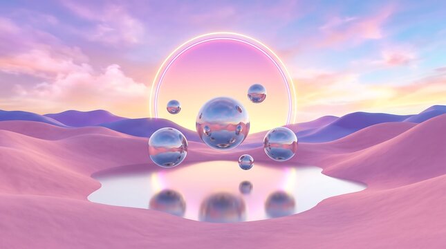 Surreal desert oasis with reflective chrome spheres and a glowing neon circle portal under a pink sunset sky reflective abstract floating landscape futuristic background geometry ethereal