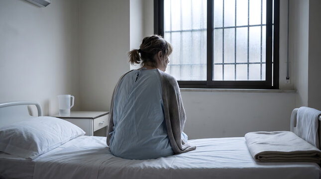 Depressed patient sitting on hospital bed looking out window concept of mental health isolation crisis and anxiety