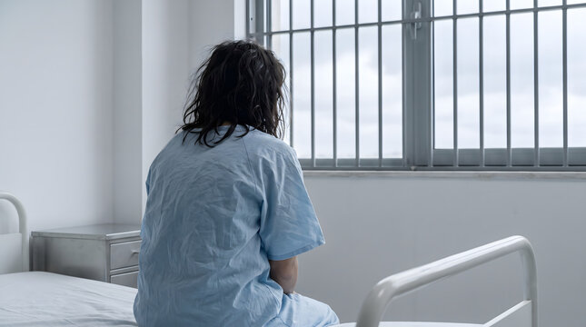 Desperate patient in psychiatric hospital ward feeling lonely isolated and anxious during medical treatment therapy
