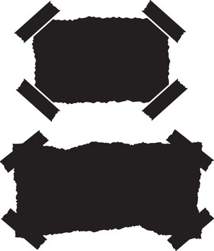 Set of two black textured torn paper pieces isolated on white background with adhesive tape strips attached to the corners for various creative design projects