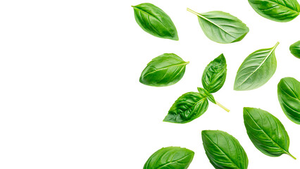 Scattered fresh green basil leaves organic culinary herb isolated on transparent background © Hanna