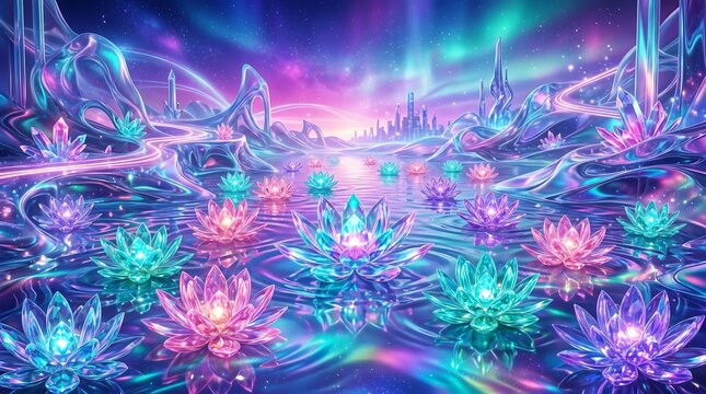 Magical crystal lotus flowers glowing in a shimmering neon pond under aurora borealis sky with botanical ethereal reflections colorful landscape mystical blooming environment illustration