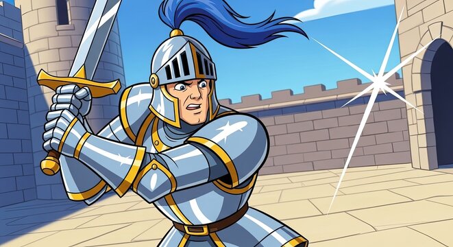 Armored knight wielding a broadsword in a stone courtyard.