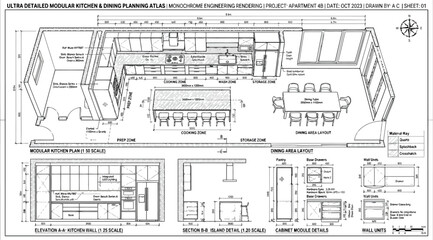 Obraz premium Architectural floor plan and elevation drawings for a modern modular kitchen and dining area layout