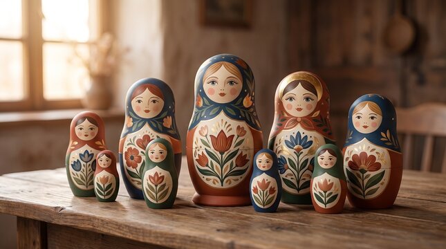 A charming collection of traditional hand-painted Russian Matryoshka nesting dolls displayed on a rustic wooden table.
