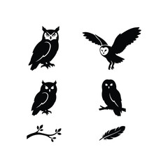 Fototapeta premium Owl silhouette set including flight poses and natural branch design elements
