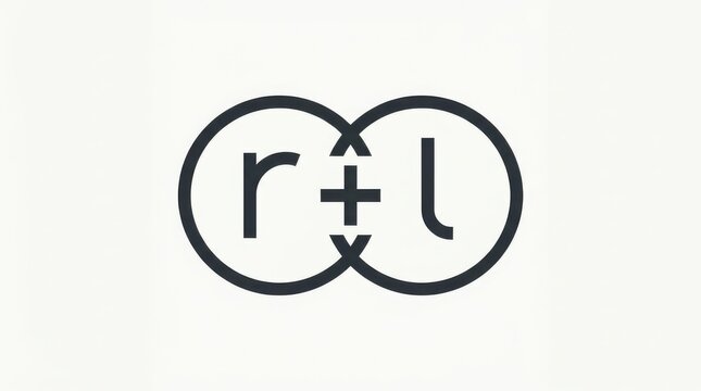 Minimalist logo design featuring the letters r and l joined by a plus sign inside two interlocking black circles