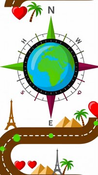 Winding road with travel icons and compass
