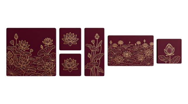 PNG elegant gold line art lotus flower set on deep burgundy backgrounds featuring pond scenes buds and lily pads in luxury botanical style isolated on transparent background