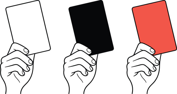 Professional minimalist line art of three hands holding white black and red penalty cards for sports foul judgment.