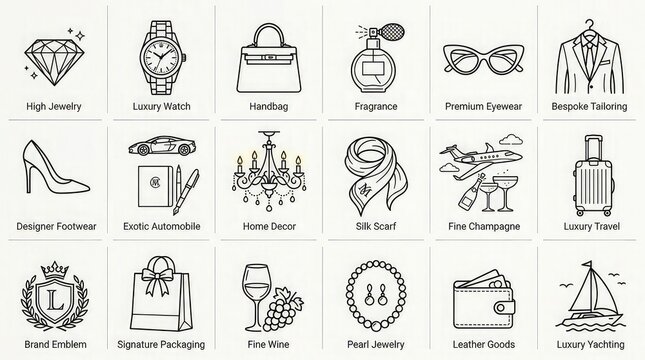 Luxury lifestyle line icon set representing premium goods and services for sophisticated branding and high end marketing design projects