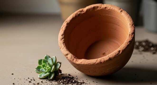 Small green plant and terracotta pot.