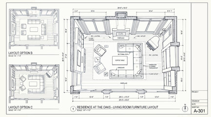 Multiple furniture layout options for a residential living room © S.Siam