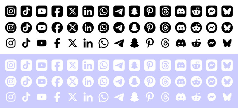 Popular Social media logo icons collection 2026. Black & white, White transparent icon set compatible for Modern UI/ UX design element,web icons