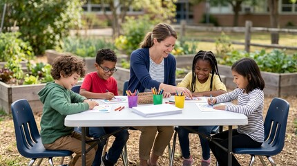 Obraz premium A smiling female teacher guides four diverse young children as they draw and color at an outdoor table in a school garden setting.