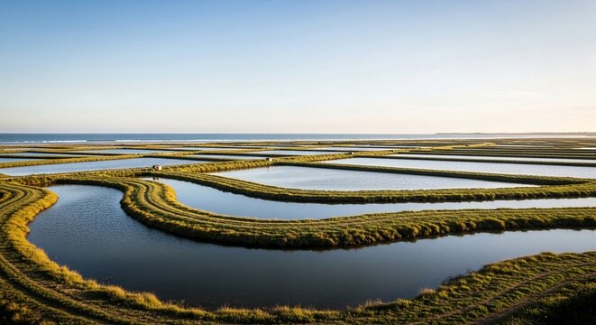 Expansive aquaculture ponds with green grassy banks and calm blue water stretching towards the horizon under a clear sky