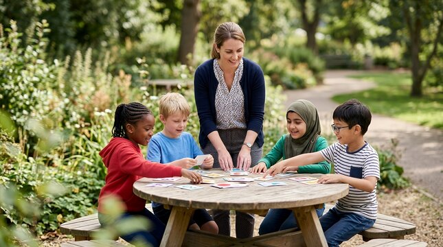 A diverse group of young children and their teacher engaging in an educational activity outdoors at a wooden picnic table in a lush garden.