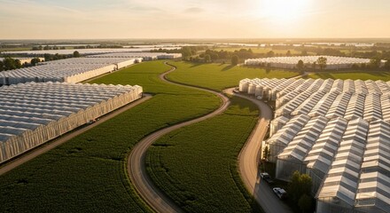 Fototapeta premium Expansive greenhouse farming complex at sunset showcasing modern agricultural production and growth