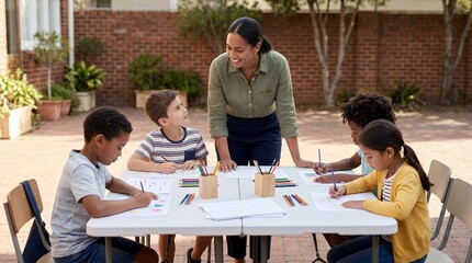 Fototapeta premium A diverse group of young children drawing and coloring with their smiling teacher outdoors during a creative activity.