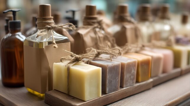 Natural soaps wrapped in paper packaging on wooden display shelf