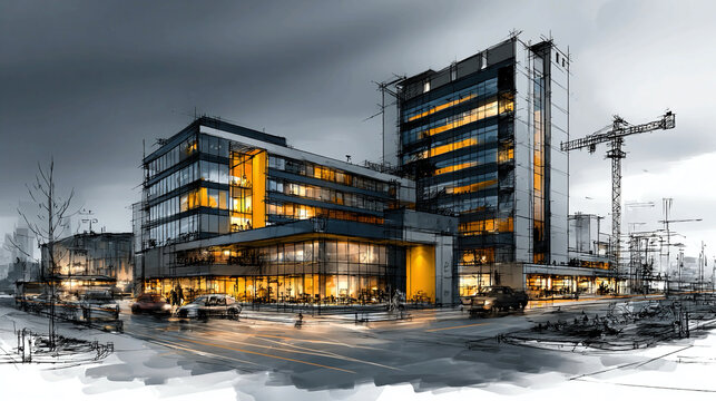 Building design evolving from blueprint to modern structure construction process concept architectural development visualization from sketch to finished project