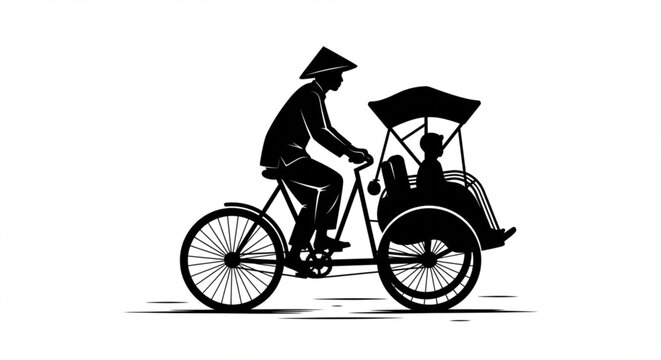 Silhouette of a Cyclo Driver Riding a Traditional Vietnamese Pedicab with a Passenger