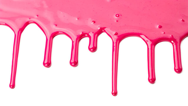 Vibrant pink paint liquid dripping down dripping borders isolated on transparent background