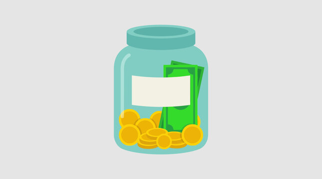 Glass tip jar with coins and dollar bills.