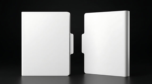 Two empty white medical folders standing against black background for corporate branding mockups and document filing