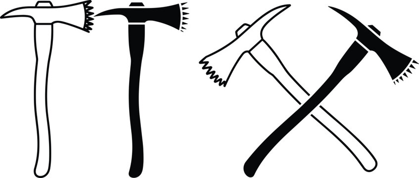 Graphic set of professional black and white firefighter axe icons with flat lighting, conveying strength for rescue services.