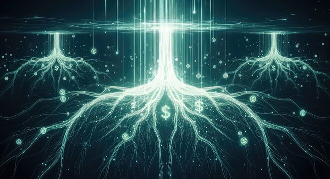 Digital financial growth abstract with glowing money roots connected to data streams in a dark virtual environment representing investment expansion