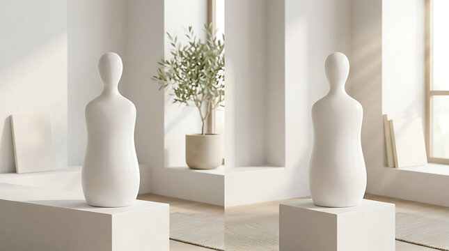 Two white abstract human statues on pedestals in a sunlit modern interior with olive tree decor luxury room setting