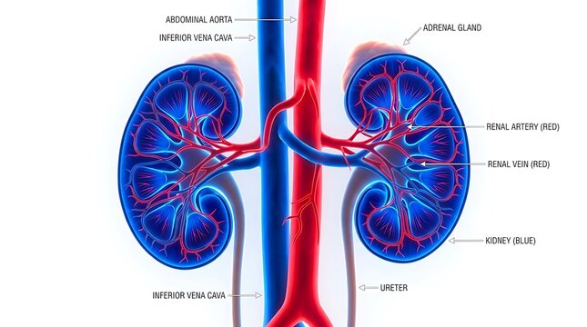 Human kidneys with blood vessels diagram, education