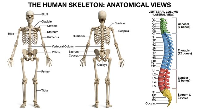 Human skeleton anatomical views with labeled bones