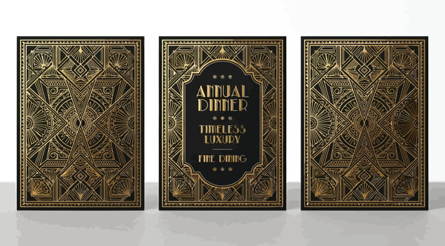 Art deco style annual dinner invitation set with geometric gold patterns