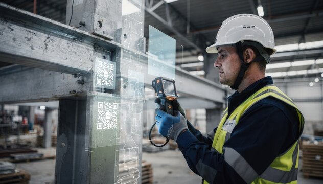 Medium shot capturing a worker using a handheld device to read QR codes on structural components while overlaying realtime status in a digital twin interface.