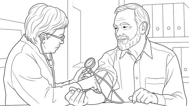 A detailed, black and white line art illustration showing a healthcare professional using a sphygmomanometer and stethoscope to check a patient's blood pressure. 