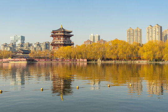 Beautiful view of Tang Paradise park and lake at twilight in Xi'an, China.