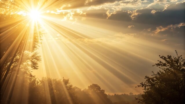 Golden sun rays piercing through clouds above a silhouetted forest canopy during a bright morning sunrise