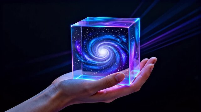 Hand holding glowing cube with galaxy