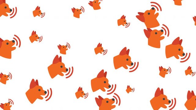 Multiple orange dog emoji icons varying in sizes with sound waves on alpha channel pattern. Suitable for digital designs.