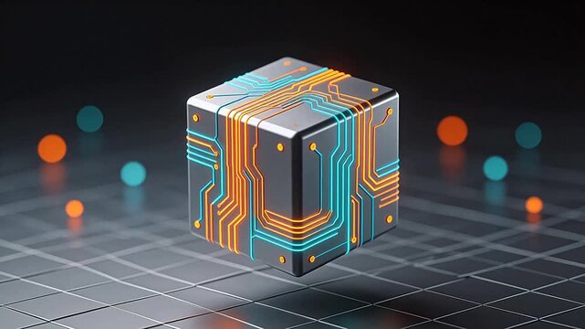 Cube with glowing circuit patterns