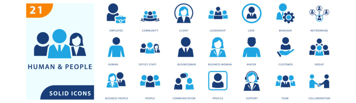 human and people solid icons collection featuring employee, community, client, leadership, user, manager, networking, businessman, business woman, customer, team, collaboration, and communication