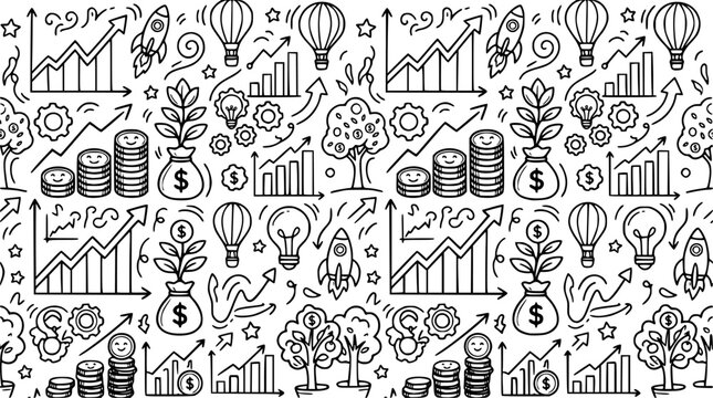 The illustration showcases various business and finance icons including charts, money, and hot air balloons floating amidst trees and lightbulbs on a white background.