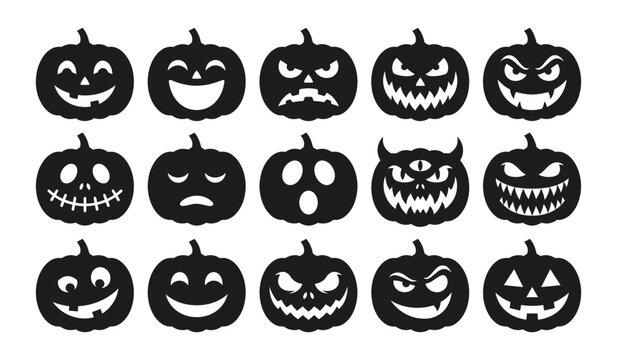 Halloween silhouette pumpkins various spooky faces for decoration