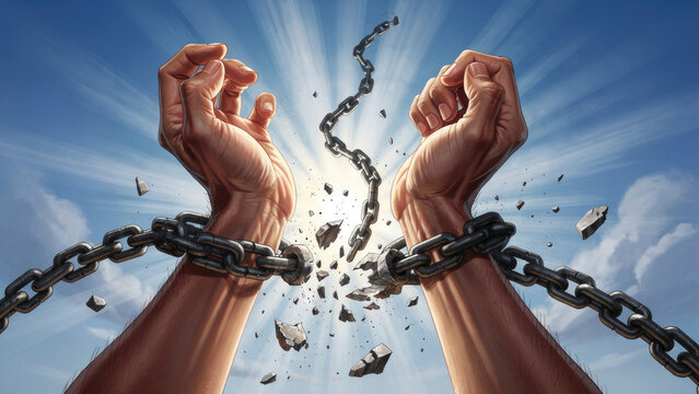 Hands Breaking Chains Against Blue Sky