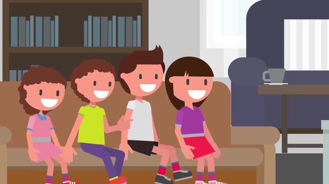 2D Animated Group of Children Sitting on Couch Watching Television together, Kids Movie Time in Living Room, Flat Vector Concept