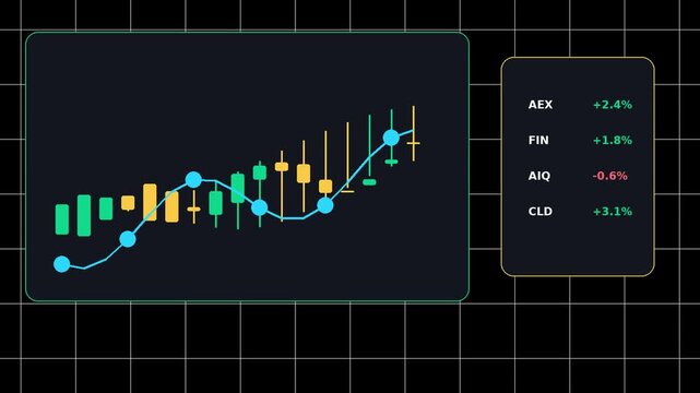 Abstract digital investment chart with multiple stocks and percentage growth on a grid background