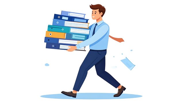 Man in blue shirt pushing large stack of boxes on trolley.